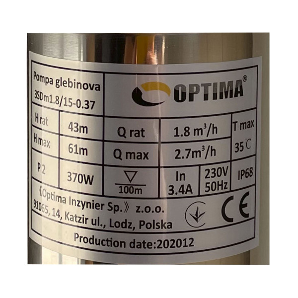 Насос свердловинний з підв, стійк, до піску 3″ OPTIMA  3SDm1,8/15 0,37 кВт 61м + пульт+кабель1,5мNEW