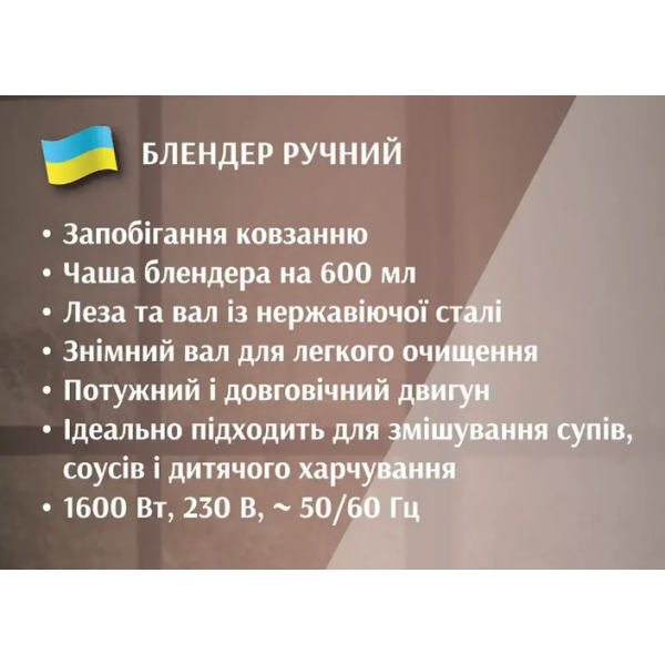 Блендер ручний з чашею 600мл 1600Вт BITEK BT-313W