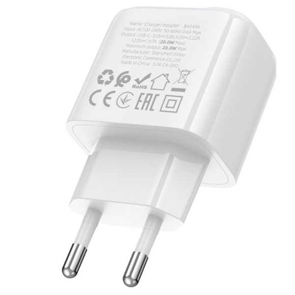 Мережевий Зарядний Пристрій Borofone BAS43A 1USB-C PD/QC 20W (Бiлий)