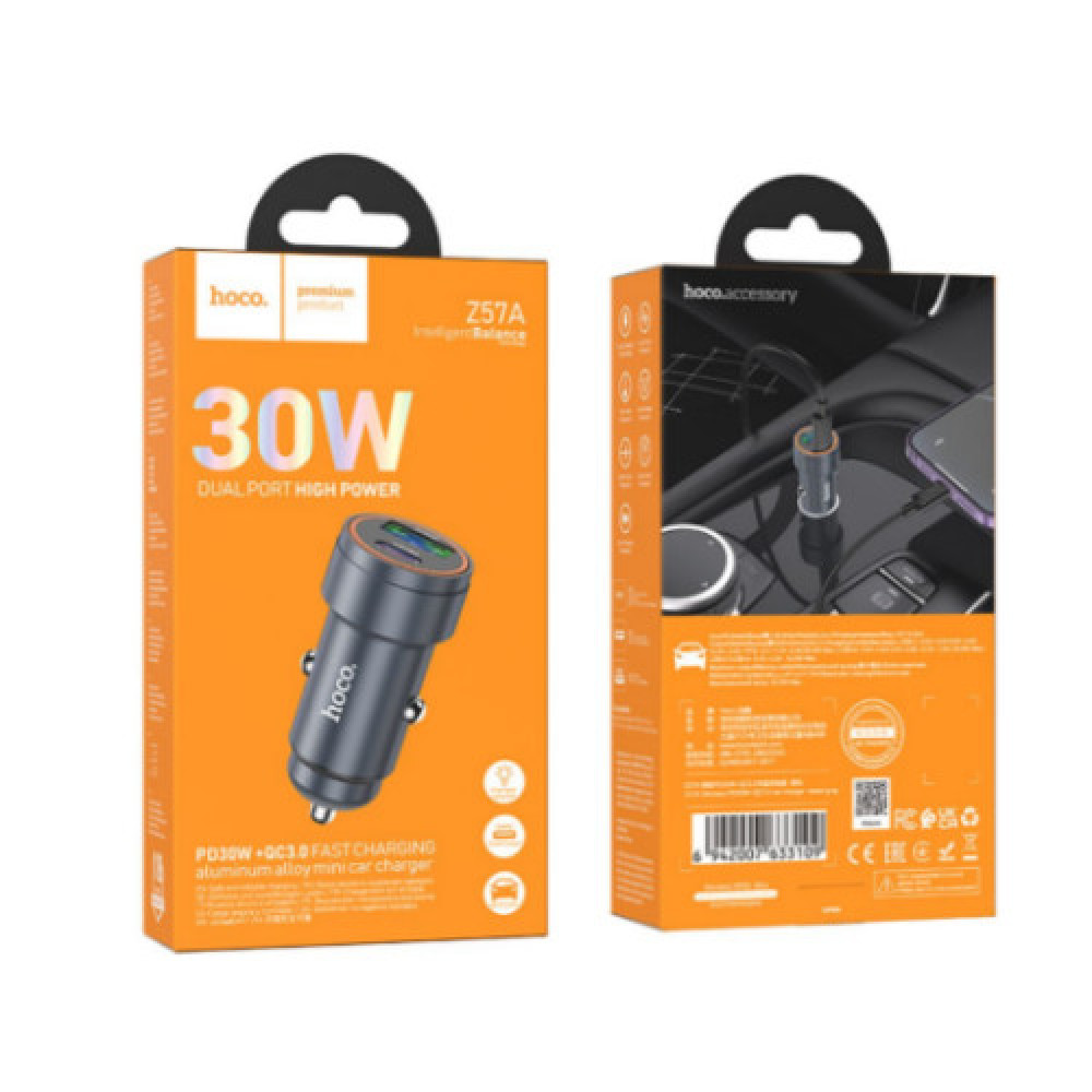 Автомобільний Зарядний Пристрій Hoco Z57A 1USB/1USB-C PD30W/QC3.0 (Сiрий)