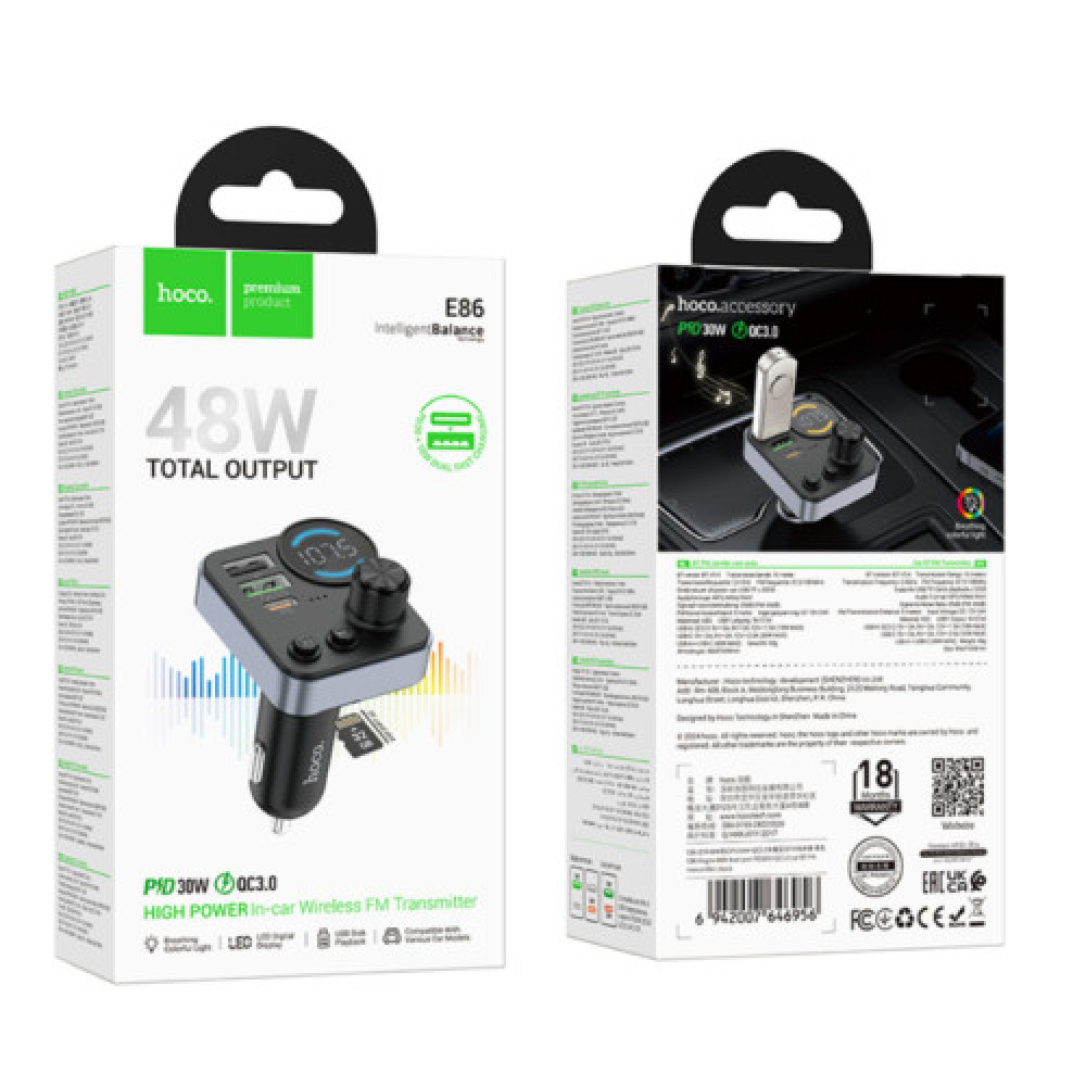 FM-трансмітер Hoco E86 USB-C PD30W+USB-A QC18W/TF/BT5.4 Total 48W (Чорний)