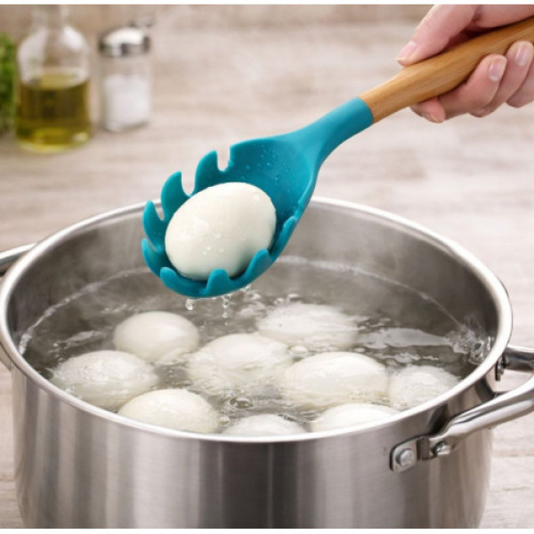 Ложка із зубами силіконова з дерев. руч. на аркуші №KM-3 (31,5*6)см