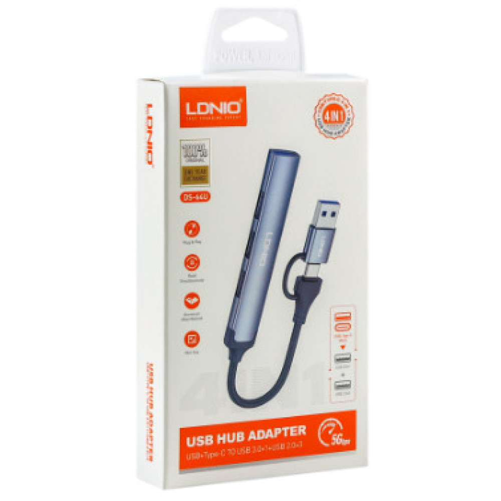 USB Hub LDNIO DS-64U USB-A+Type-C To USB3.0*1+USB2.0*3 (Сiрий)
