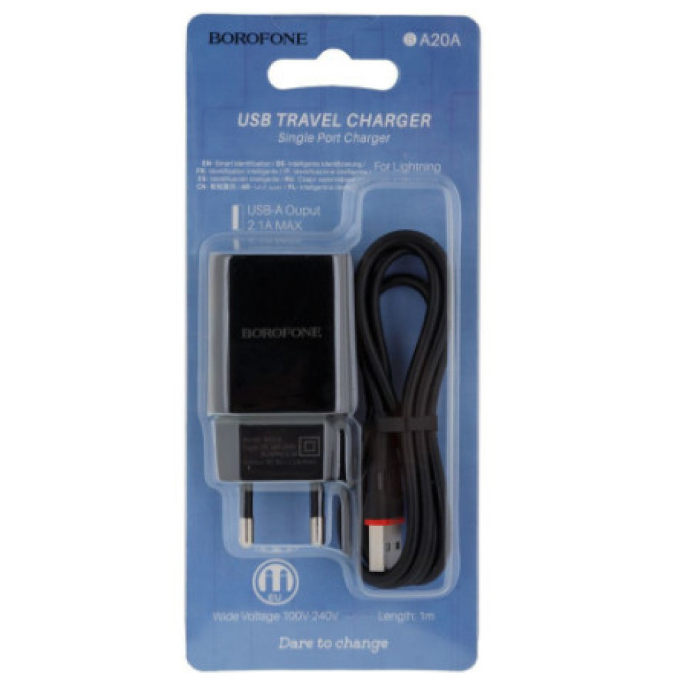 Мережевий Зарядний Пристрій Borofone BA20A Lightning 1USB 2.1A (Чорний)