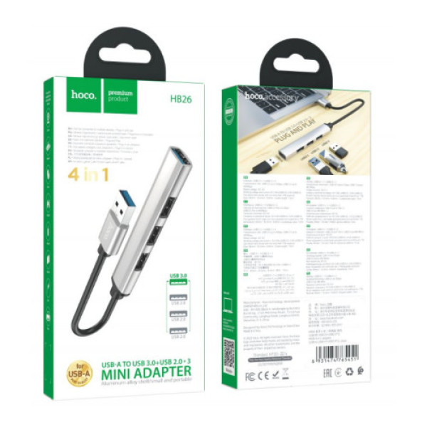 Хаб USB Hoco HB26 4 in 1 adapter(USB to USB3.0+USB2.0*3) (Сiрий)