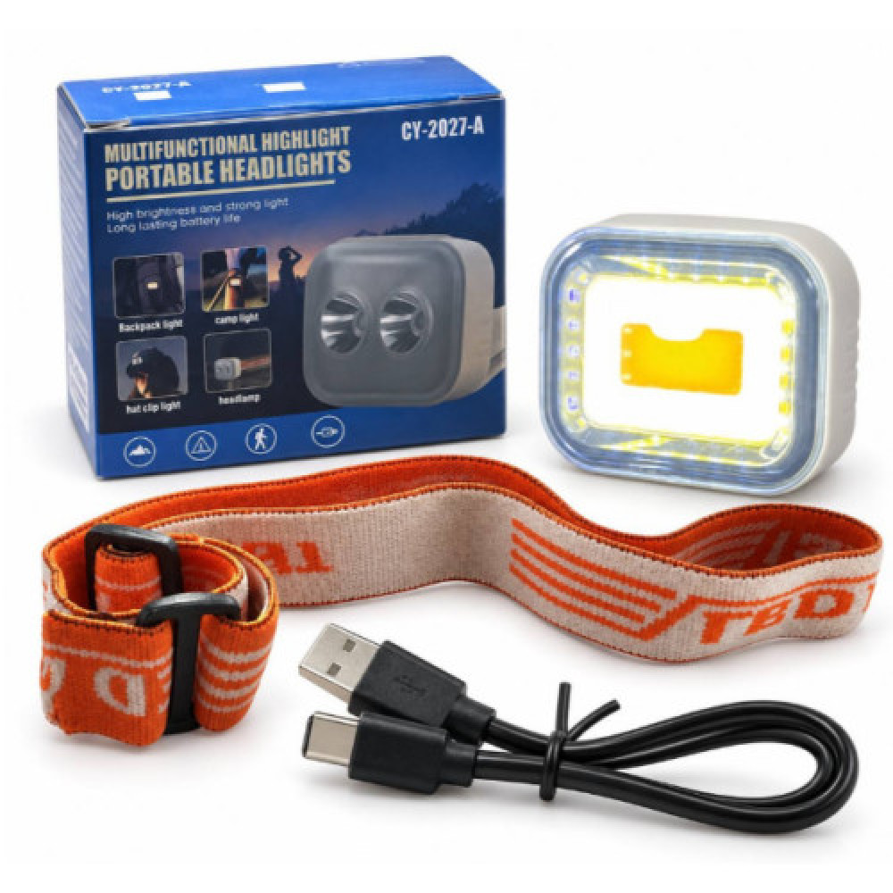 Ліхтарик налобний акумуляторний від USB прямокутний (5.2*3.2)см з USB шнуром №CY-2027-C (240)
