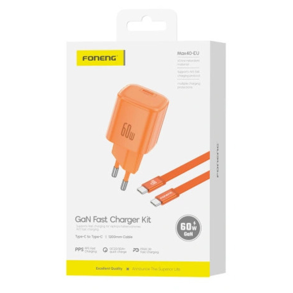 Мережевий Зарядний Пристрій Foneng Max40-EU USB-C GaN Charger (60W) Type-C to Type-C помаранчевий