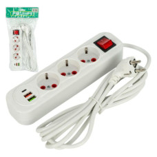 Мережевий фільтр подовжувач 3м на 3 розетки з 2 USB + 1 Type-C та вимикачем 0313USB-3M