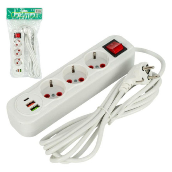 Мережевий фільтр подовжувач 3м на 3 розетки з 2 USB + 1 Type-C та вимикачем 0313USB-3M