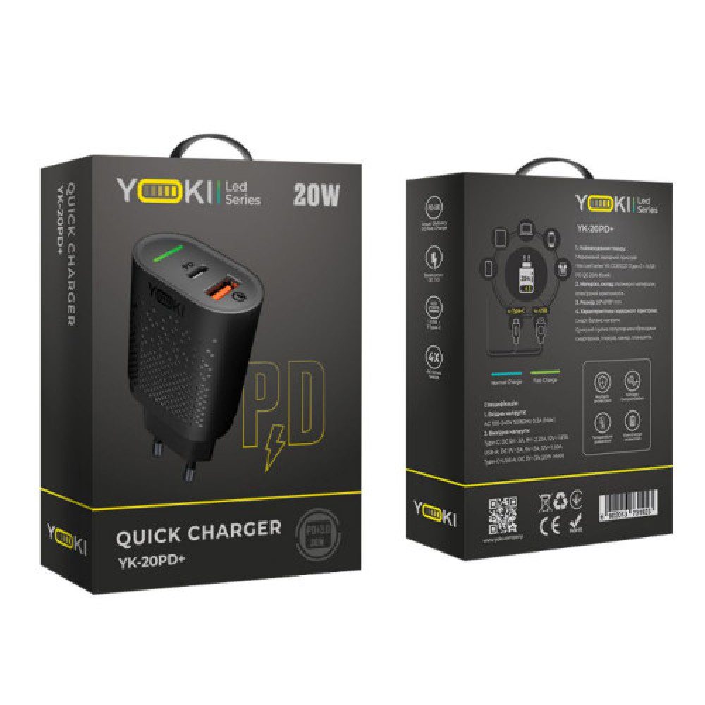 Мережевий зарядний пристрій Yoki Led Series YK-20PD+QC 20W (Чорний)