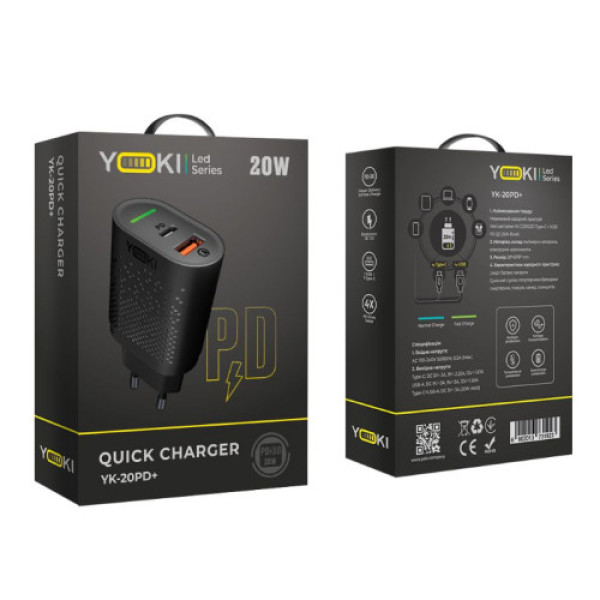 Мережевий зарядний пристрій Yoki Led Series YK-20PD+QC 20W (Чорний)
