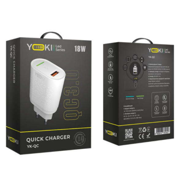 Мережевий Зарядний Пристрій Yoki Led Series YK-QC 3.0 18W (Бiлий)