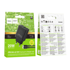 Мережевий Зарядний Пристрій Hoco CS94A 1USB-C/1USB PD/QC 20W+Type-C to Type-C (Чорний)