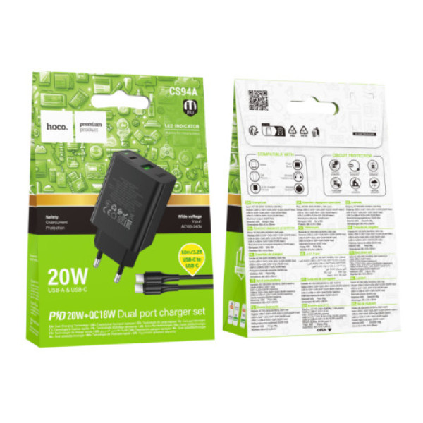 Мережевий Зарядний Пристрій Hoco CS94A 1USB-C/1USB PD/QC 20W+Type-C to Type-C (Чорний)