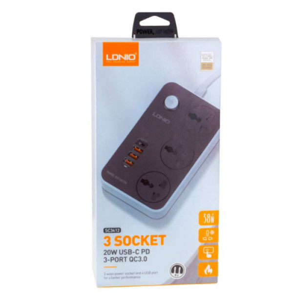 Мережевий Подовжувач LDNIO SC3412 3 ports / PD / 3USB QC 3.0 (Чорно Сірий)